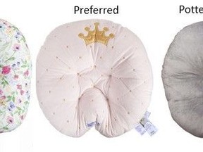 This photo released by the U.S. Consumer Product Safety Commission on Tuesday, June 6, 2023, shows, from left, the recalled Boppy Original Newborn Lounger, Boppy Preferred Newborn Lounger and Pottery Barn Kids Boppy Newborn Lounger. The Boppy Company recalled more than 3 million of its popular infant pillows almost two years ago in light of a suffocation risk -- with reports of eight deaths associated with Boppy's loungers between 2015 and 2020. In a Tuesday notice, the CSPC said that two additional babies died shortly after the recall was initiated in September 2021. (U.S. Consumer Product Safety Commission via AP)