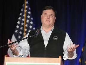 FILE - Indiana Attorney General Todd Rokita speaks during a watch party for Jennifer-Ruth Green, the Republican candidate for Indiana's 1st Congressional District, in Schererville, Ind., Nov. 8, 2022. The fate of the Indiana attorney general's lawsuit against the social media app TikTok is uncertain after a federal judge lambasted much of the case as "political posturing."