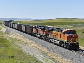 FILE - A BNSF railroad train hauling carloads of coal from the Powder River Basin of Montana and Wyoming is seen east of Hardin, Mont., July 15, 2020. On Friday, June 23, 2023, a federal board ordered BNSF Railway to transport at least 4.2 million tons of coal from a Montana mine to a port in British Columbia, Canada, this year to allow one of the largest coal producers in the United States to meet its overseas contracts.