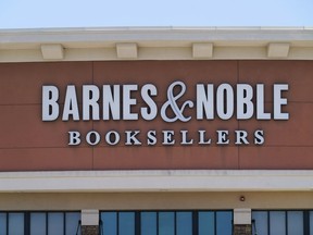 FILE - The Barnes & Noble sign is displayed on the store, March 14, 2022, in Bensalem, Pa. Workers at the Barnes & Noble in Manhattan's Union Square, one of the retail chain's signature stores and home to its corporate offices, have voted to unionize.