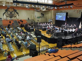 The National Transportation Safety Board investigative hearing begins at the East Palestine High School in East Palestine, Ohio, Thursday, June 22, 2023. The hearing is being held to investigate the Feb. 3, 2023, Norfolk Southern Railway train derailment and subsequent hazardous material release and fires.