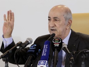 FILE - Algerian President Abdelmadjid Tebboune gestures during a press conference in Algiers, Friday, Dec. 13, 2019. Algerian President Abdelmadjid Tebboune is starting Tuesday June 14, 2023 a three-day state visit to Russia meant to strengthen relations of "friendship and cooperation" at the invitation of Vladimir Putin, according to a statement from Algerian authorities.