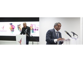 In photos left-right Garvin Medera, CEO, Caribbean Airlines gives remarks during the launch of the airline's sustainability programme. Dr. Fazal Ali, former Chairman of the Teaching Service Commission of Trinidad and Tobago was the keynote speaker
