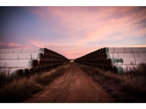 GASCOYNE, ND - OCTOBER 14: Miles of unused pipe, prepared for the proposed Keystone XL pipeline, sit in a lot on October 14, 2014 outside Gascoyne, North Dakota.