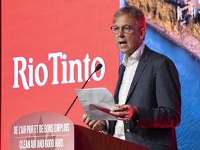 Rio Tinto chief executive Jakob Sausholm speaks to employees at the Rio Tinto Fer et Titane plant in Sorel, Que., Tuesday, Oct. 11, 2022. Rio Tinto says it will make a $1.4-billion investment to expand an aluminum smelter equipped with low-carbon technology in Saguenay, Que.