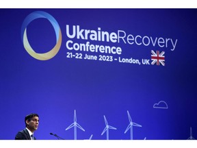 Rishi Sunak speaks during the Ukraine Recovery Conference in London on June 21. Photographer: Henry Nicholls/AFP/Getty Images