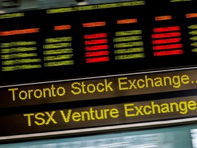 A sign board displaying Toronto Stock Exchange (TSX) stock information in Toronto.