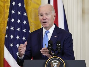 FILE - President Joe Biden speaks during a news conference with British Prime Minister Rishi Sunak in the East Room of the White House in Washington, June 8, 2023. Biden is set to sign an executive order that aims to bolster job opportunities for military and veteran spouses whose careers are often disrupted by their loved ones' deployments. Biden is to use a visit to the recently renamed Fort Liberty in North Carolina to highlight the new order