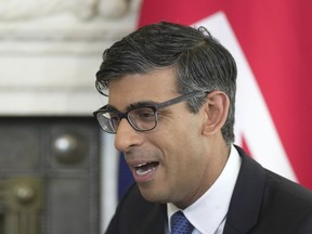 Britain's Prime Minister Rishi Sunak speaks during a meeting with Sweden's Prime Minister Ulf Kristersson inside 10 Downing Street London, Monday, June 19, 2023.