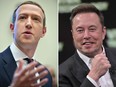 Meta Platforms' chief executive Mark Zuckerberg, left and Twitter chief executive Elon Musk, right.