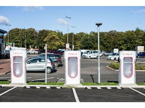 Fast charging stations for Tesla Inc. cars in the UK. Photographer: Matthew Lloyd/Bloomberg