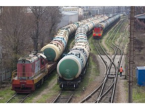 Rail wagons for oil cargo stand in sidings at the RN-Tuapsinsky refinery, operated by Rosneft Oil Co., in Tuapse, Russia, on Monday, March 23, 2020. Major oil currencies have fallen much more this month following the plunge in Brent crude prices to less than $30 a barrel, with Russia's ruble down by 15%.