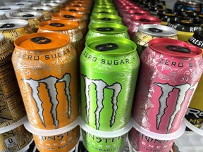 SAN FRANCISCO, CALIFORNIA - NOVEMBER 04: Cans of Monster Energy Drink are displayed on a grocery store shelf on November 04, 2021 in San Francisco, California. Monster Beverage will report third quarter earnings today after the bell. Analysts anticipate the beverage company to report earnings of $1.39 billion.