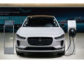 A 2022 Jaguar I-PACE electric vehicle (EV) on display at AutoMobility LA ahead of the Los Angeles Auto Show in Los Angeles, California, U.S., on Thursday, Nov. 18, 2021. Covid-19 canceled the Los Angeles Auto Show in 2020 and now that the show is back, some automakers have decided they didn't need it anyway.