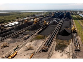 Stockpiles of coal at a coal terminal in Newcastle, New South Wales, Australia, on Wednesday, Jan. 25, 2023. Australia is scheduled to release trade figures on Jan. 27.
