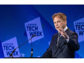 Grant Shapps, UK energy secretary, speaks at the London Tech Week conference in London UK, on Tuesday, June 13, 2023. The conference runs until Friday, June 16.