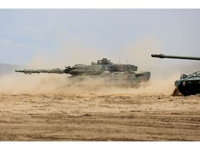 A German Army Leopard tank during a NATO exercise at Pabrade, Lithuania, on June 26.