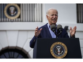 US President Joe Biden speaks during a Fourth of July event on the South Lawn of the White House in Washington, DC, on Tuesday, July 4, 2023. Biden is hosting the event for military and veteran families, caregivers, and survivors to celebrate Independence Day.