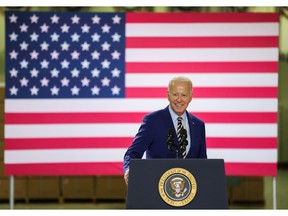US President Joe Biden during an event at the Flex facility in West Columbia, South Carolina, US, on Thursday, July 6, 2023. Biden announced a $60 million investment from Enphase Energy Inc., a manufacturer of solar-energy equipment, the latest effort to underscore his administration's economic agenda as he seeks reelection.