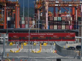 The Centerm Container Terminal is closed as during a strike by International Longshore and Warehouse Union Canada workers at the Vancouver port.