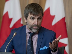 Minister of Environment and Climate Change Steven Guilbeault responds to a question during a news conference in Ottawa on Wednesday, June 14, 2023.