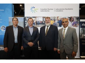 Tom Kishchuk , Chair of the Board, Fedoruk Centre; Joe McBrearty; CNL President and CEO; John Root, Executive Director, Fedoruk Centre; and Ram Mullur, CNL Vice-President of Isotopes Business, gather at the 11th International Conference on Isotopes in Saskatoon, where they announced a new agreement that will significantly increase the global supply of Actinium-225.