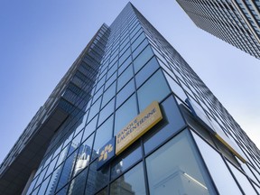 Shares of Laurentian Bank of Canada soared more than 30 per cent in early trading after the bank said it was conducting a review of the company's strategic options to maximize shareholder value Laurentian Bank headquarters are seen Tuesday, April 5, 2022 in Montreal.