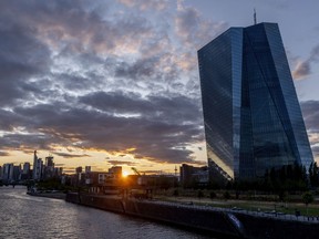 The sun sets next to the European Central Bank in Frankfurt, Germany, Monday, July 24, 2023. The European Central Bank is set to raise interest rates again Thursday. Economists are saying it could be the last hike in a rapid-fire series that started a year ago.