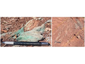 Newly discovered outcropping sediment-hosted copper mineralization at Mirador.  Yellow dashed lines indicate minimum stratigraphic thickness of mineralization.  Recent alluvial sediment obscures the geological boundary.
