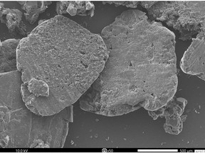 An electron SEM micrograph of Reflex Advanced Material Corp.'s 99.999% Cg purified graphite flake concentrate at a P32 mesh.