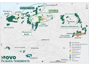 Novo's extensive Pilbara tenement holding, showing key targets and joint venture locations.