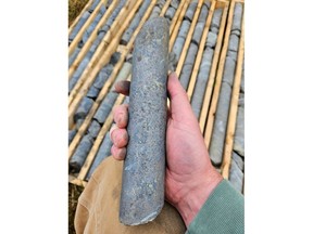 Part of a split section of drill core from hole 23-GL-01 showing massive sulphide
