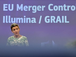 FILE - European Commissioner for Europe fit for the Digital Age Margrethe Vestager speaks during a media conference at EU headquarters in Brussels, Tuesday, Sept. 6, 2022. The European Union on Wednesday, July 12, 2023, slapped a $475 million fine on U.S. biotech giant Illumina for buying out cancer-screening company Grail without the approval of the 27-nation bloc's antitrust watchdog.