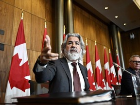 Minister of Canadian Heritage Pablo Rodriguez speaks during a news conference on Bill C-18, the Online News Act, along Bloc MP Martin Champoux, right, in Ottawa, on Wednesday, July 5, 2023.&ampnbsp;Tensions between Ottawa and tech giants further escalated on Wednesday over Canada's recently passed Online News Act.