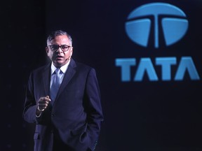 FILE - Tata Sons chairman Natarajan Chandrasekaran speaks during the launch of electric SUV Nexon EV in Mumbai, India, Tuesday, Jan. 28, 2020. India's Tata Sons plans to build a 4-billion-pound ($5.2 billion) electric car battery factory in the U.K., the conglomerate said Wednesday, july 19, 2023. "Our multibillion-pound investment will bring state-of-the-art technology to the country, helping to power the automotive sector's transition to electric mobility, anchored by our own business, JLR (Jaguar Land Rover)," Tata Sons chairman Chandrasekaran said.