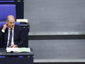 German Chancellor Olaf Scholz attends a meeting of the German federal parliament, Bundestag, at the Reichstag building in Berlin, Germany, Wednesday, July 5, 2023.