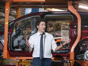 Prime Minister Justin Trudeau speaking at the Stellantis Canada Windsor Assembly Plant.