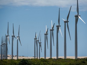 Wind turbines along the coast in Brazil.