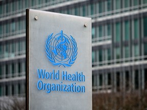 A sign of the World Health Organization next to their headquarters in Geneva, Switzerland.