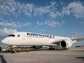 An Air France Airbus A350 airplane at the Roissy-Charles-de-Gaulle airport in Roissy-en-France, near Paris.
