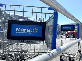 Shopping carts in the parking lot of a Walmart Inc. store in Rohnert Park, California.