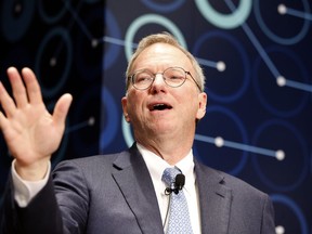 FILE - Eric Schmidt, executive chairman of Alphabet speaks during a press conference ahead of the Google DeepMind Challenge Match in Seoul, South Korea, Tuesday, March 8, 2016. Patrick Collison, the now 34-year-old billionaire CEO of online payment company Stripe, and his brother, John -- a Stripe co-founder -- and economist Tyler Cowen raised more than $50 million from some of the biggest names in tech: Jack Dorsey, Elon Musk, and Peter Thiel. Mark Zuckerberg and Priscilla Chan and former Google CEO Eric Schmidt and his wife, Wendy, also gave through their philanthropies.