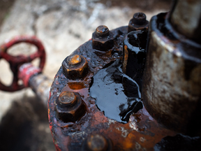 Oil leaks from a Russian pumpjack