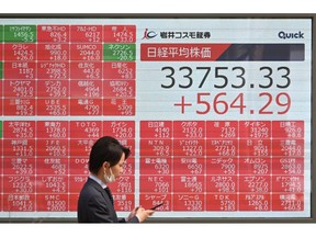 An electronic board showing the closing numbers on the Tokyo Stock Exchange  Photographer: Kazuhiro Nogi/AFP/Getty Images