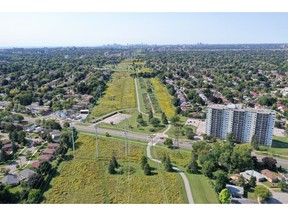 Aerial view of The Meadoway from Scarborough Centre Butterfly Trail (Section 4) at Markham Road, looking southwest