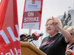 Unifor national president Lana Payne speaks at a rally on June 29, in Windsor, Ont.