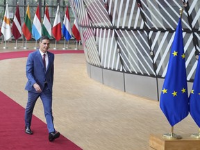 Spain's Prime Minister Pedro Sanchez arrives for an EU summit at the European Council building in Brussels, Thursday, June 29, 2023. European leaders meet for a two-day summit to discuss Ukraine, migration and the economy.