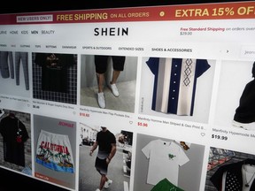 FILE - A page from the Shein website is shown in this photo, in New York on June 23, 2023. Chinese e-commerce retailer Temu has filed a lawsuit accusing its rival Shein of violating U.S. antitrust law by blocking clothing manufacturers from working with Temu.