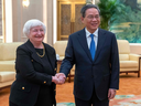 Chinese Premier Li Qiang shakes hands with U.S. Treasury Secretary Janet Yellen during a meeting at The Great Hall of the People in Beijing on July 7, 2023.
