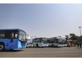 A range of newly-launched Tata Motors Ltd. hybrid and electric buses stand on display at the company's commercial vehicle manufacturing unit in Pune, India, on Wednesday, Jan. 25, 2017. Tata will commence the delivery of hybrid bus orders in the first quarter of the 2018 financial year.